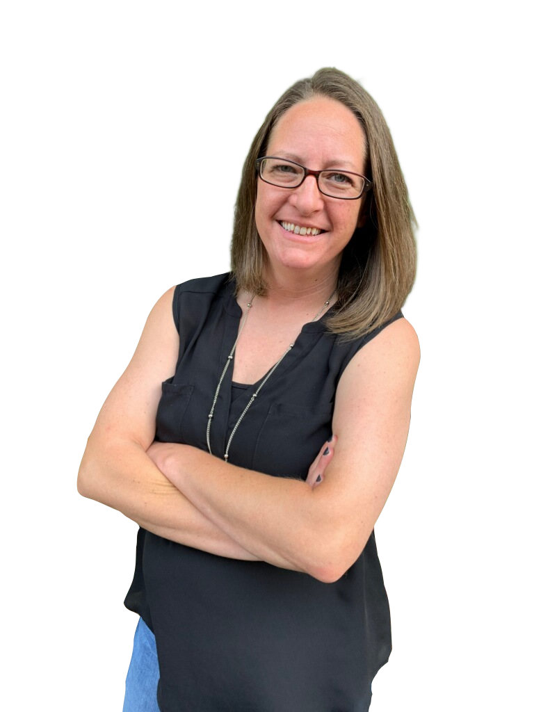 Confident woman in black shirt and jeans