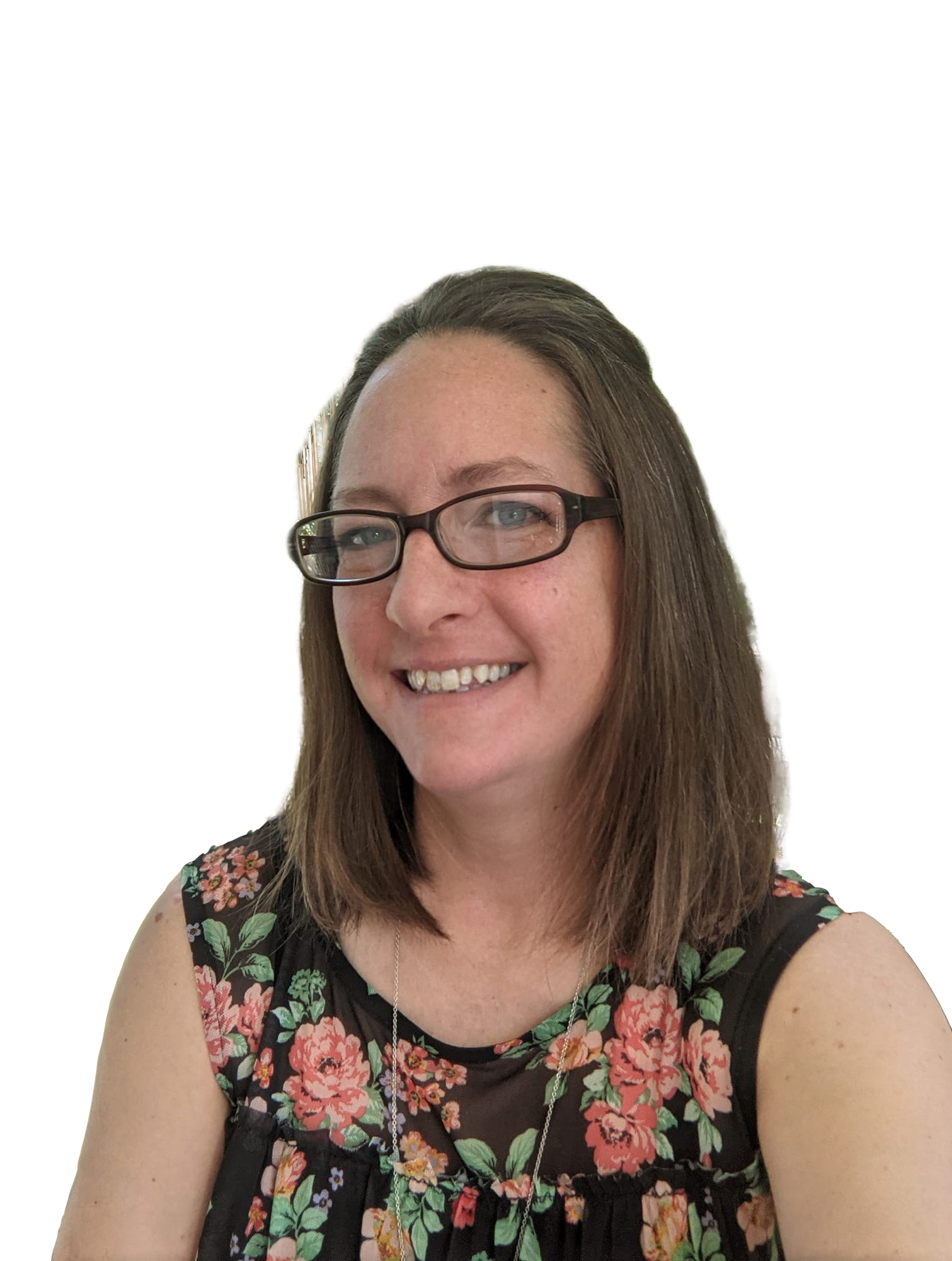 Smiling woman with glasses and floral sleeveless shirt