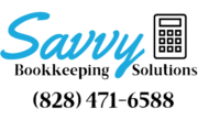Logo for Savvy Bookkeeping Solutions in blue and black letters and numbers with a black outlined calculator